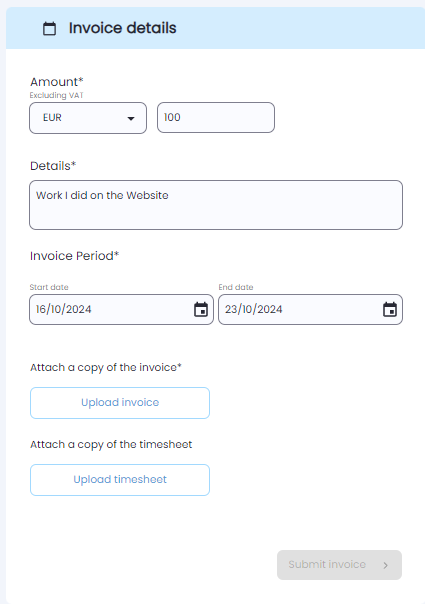 Invoice details form where contractors can enter invoice information and upload files