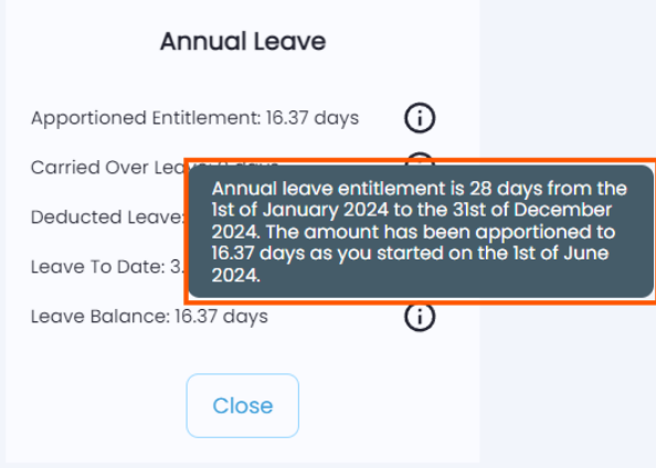 Summary panel showing leave accrual, cycle, and apportionment details in Playroll