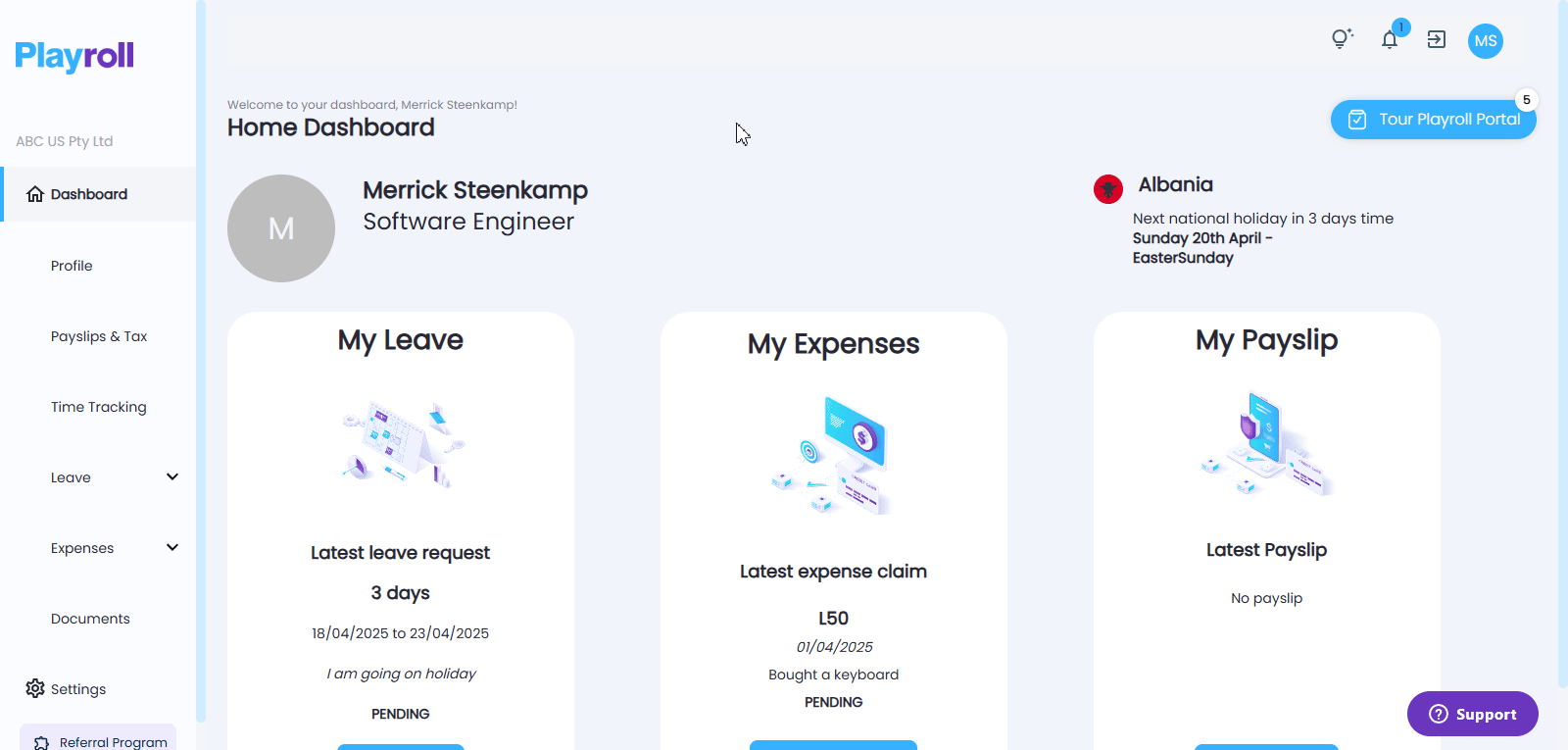 Profile tab in the Playroll platform navigation menu