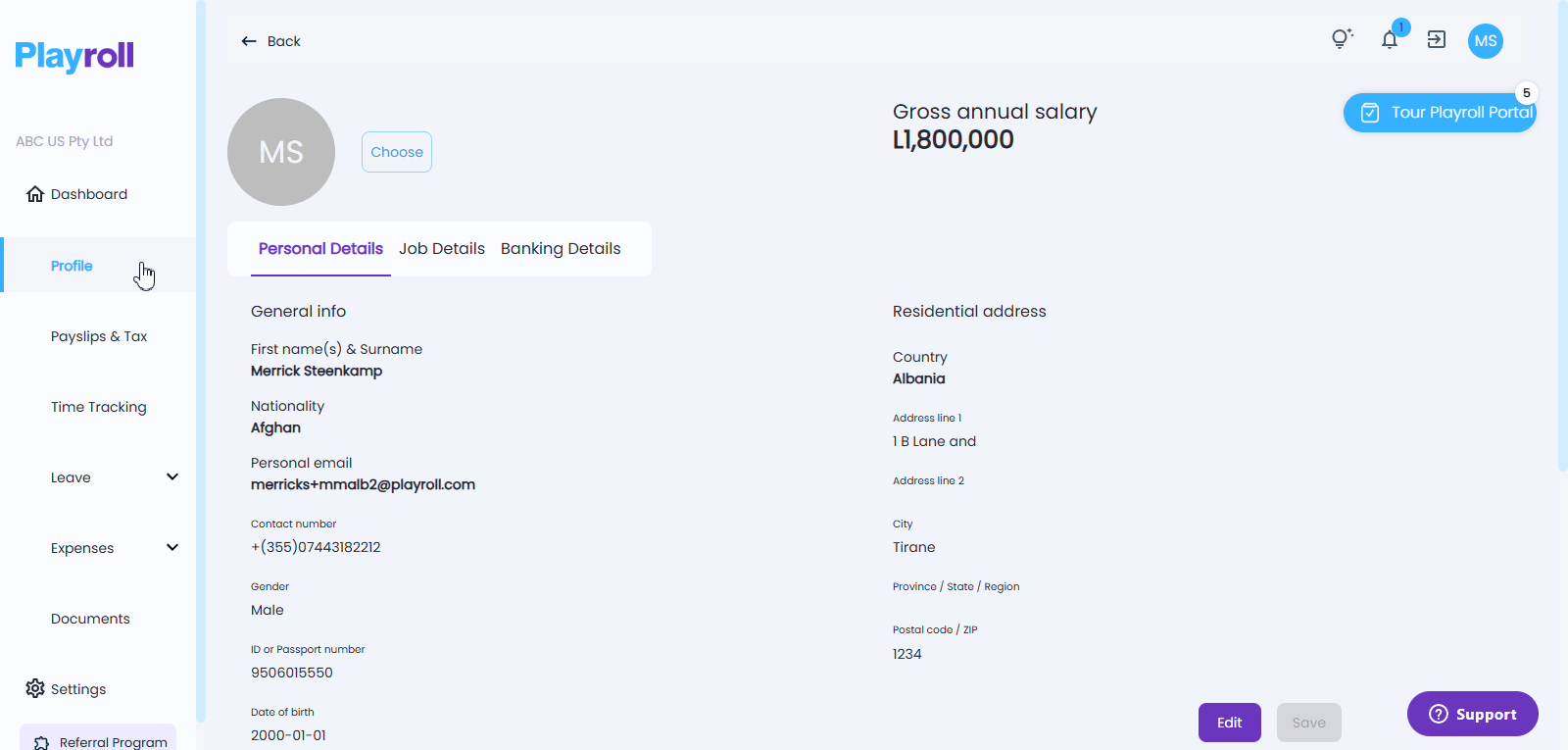Banking details tab in the user profile section