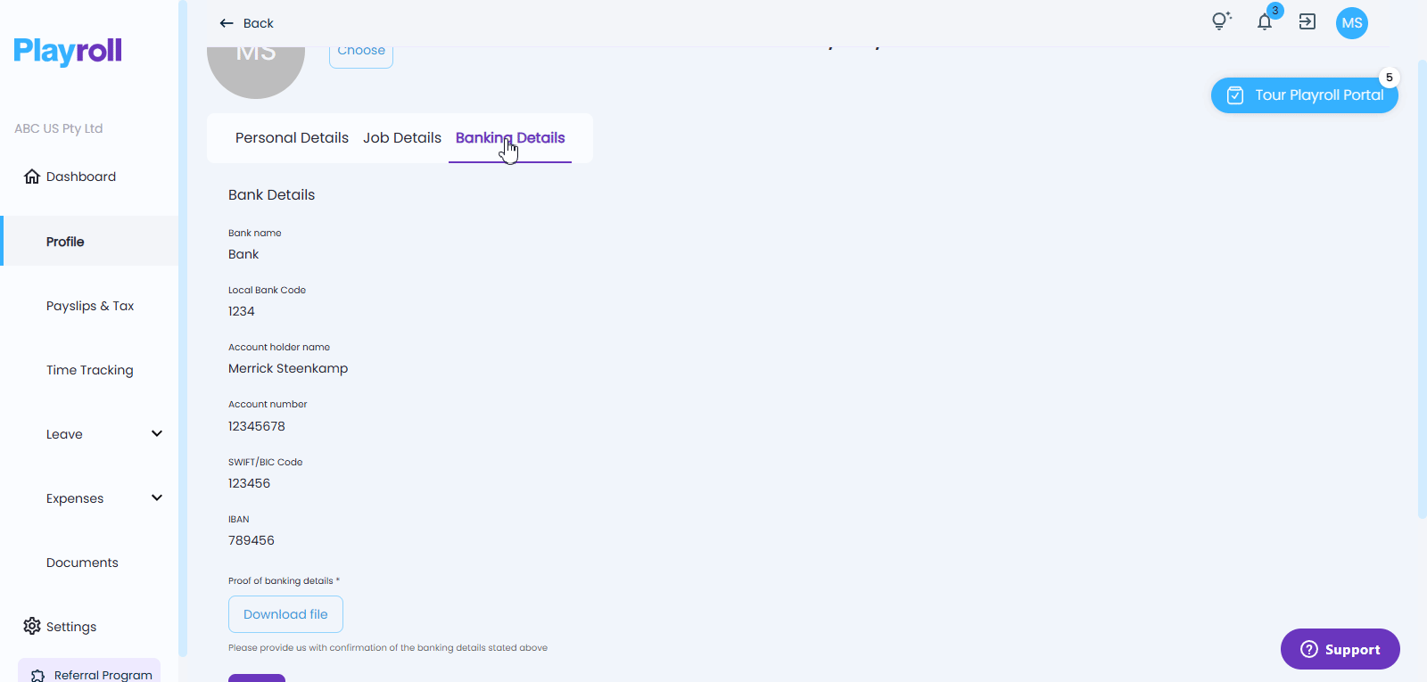 Edit button and form for updating bank account details in Playroll