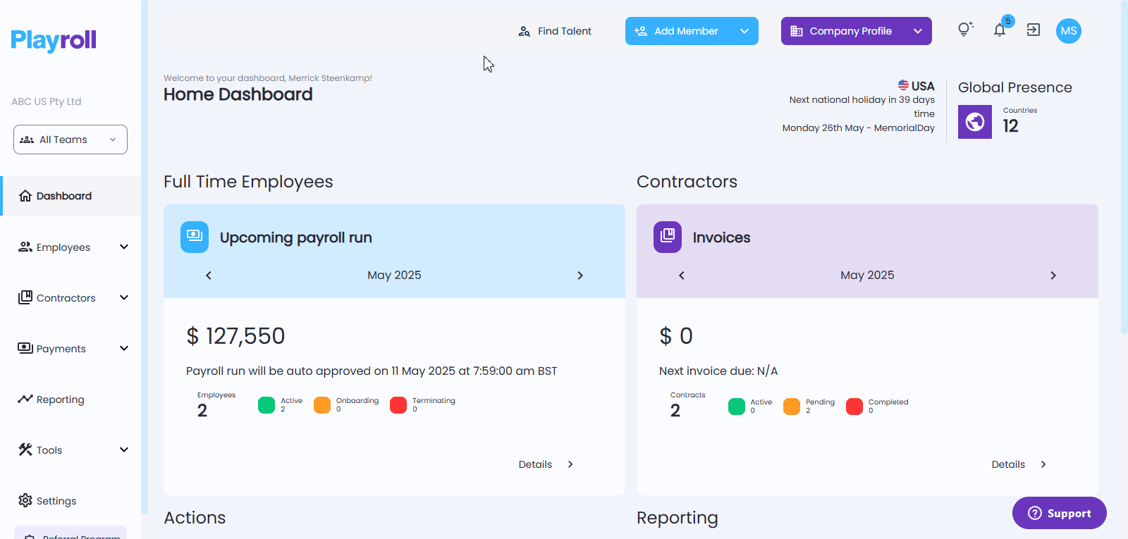 Cost calculator tool interface within Playroll Tools section