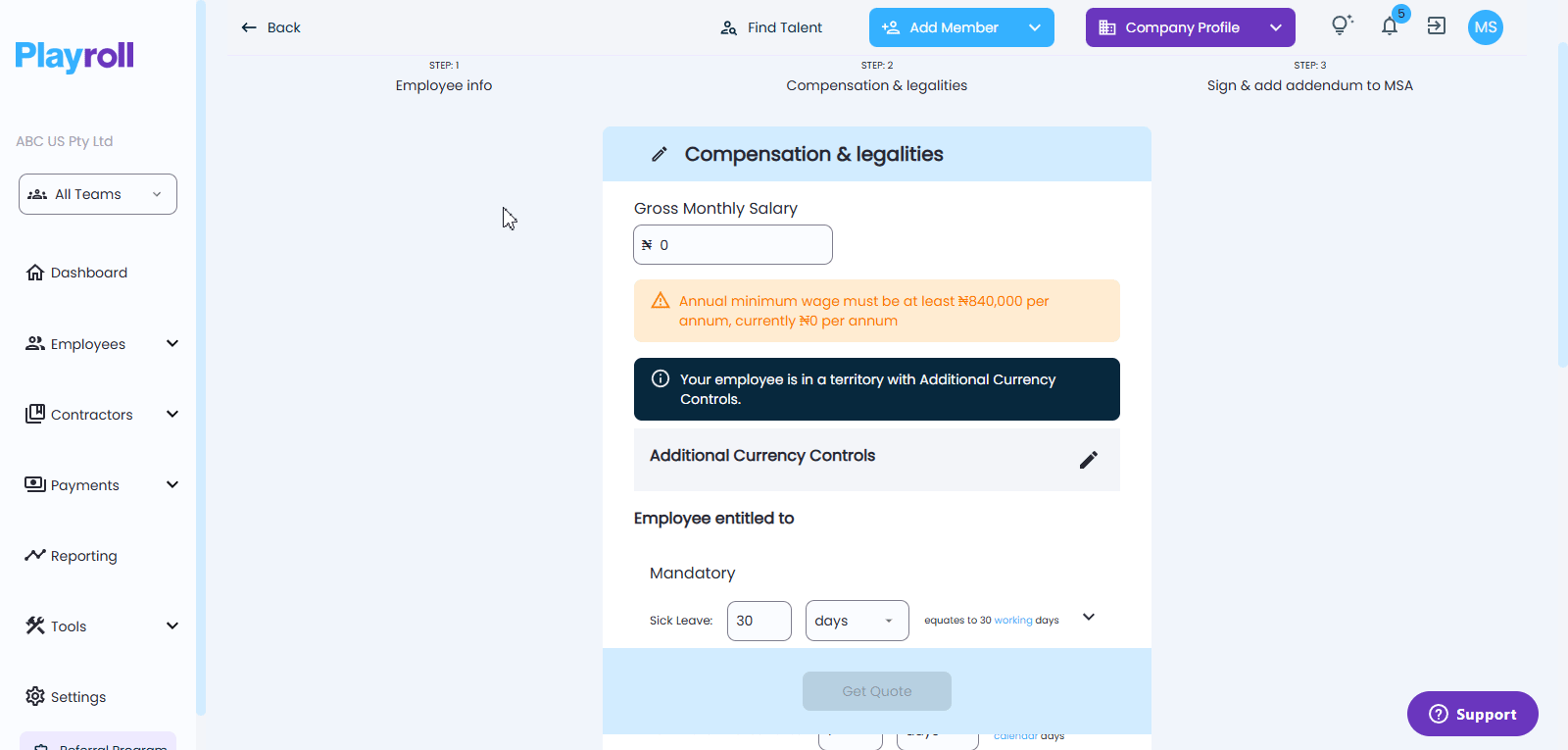 Currency selection options during employee onboarding in Playroll
