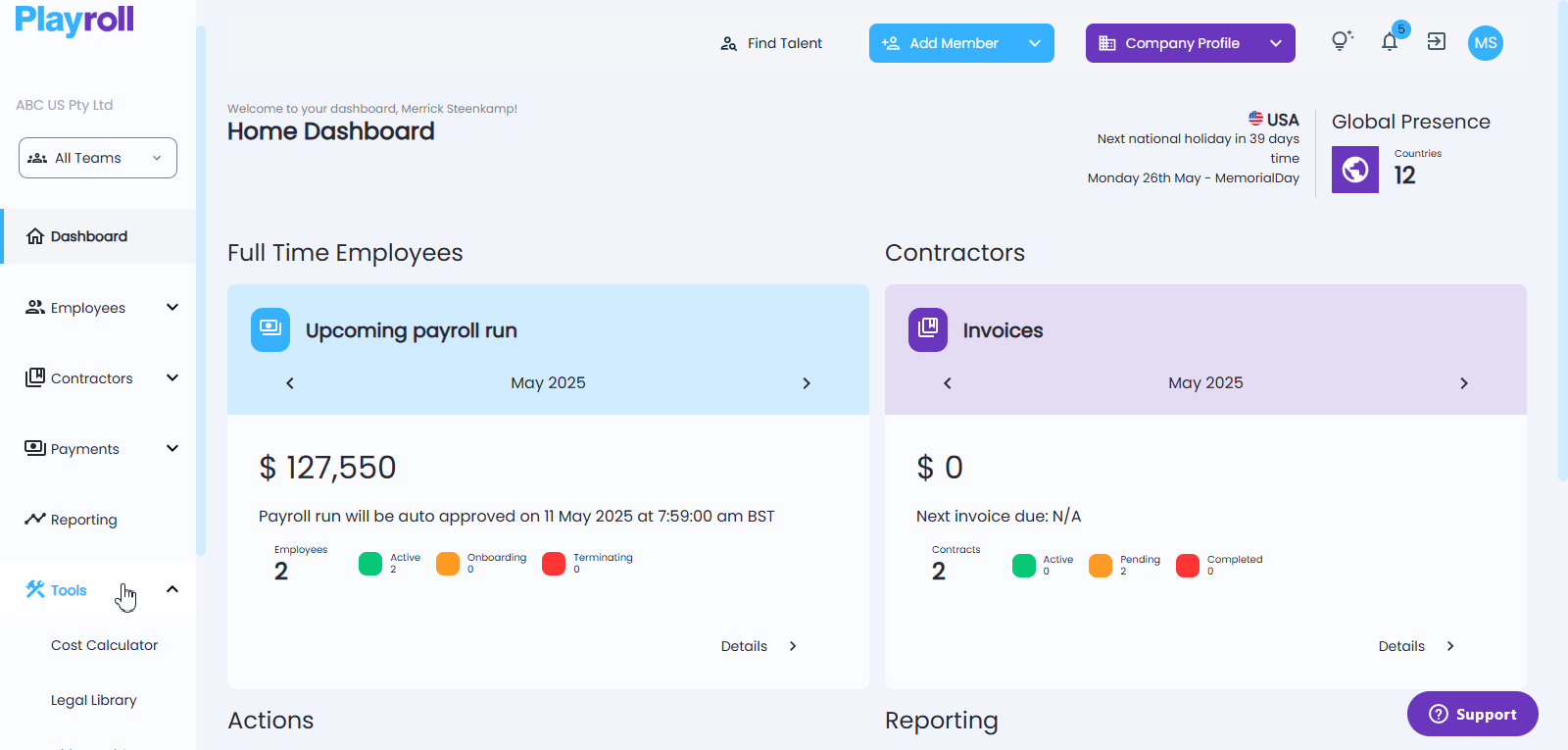 Country-based Playroll fee list displayed in the dashboard