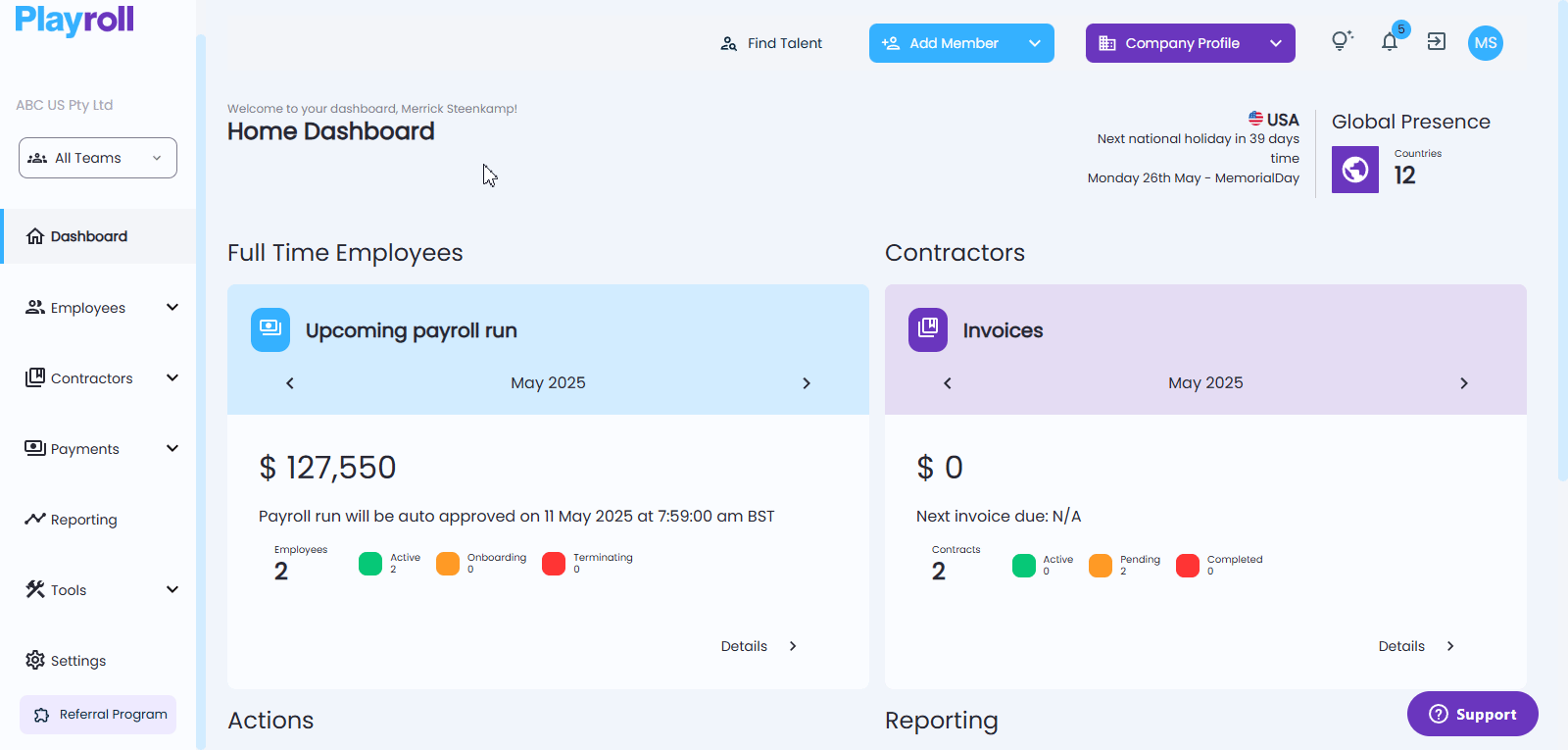 Employees dropdown menu in Playroll dashboard