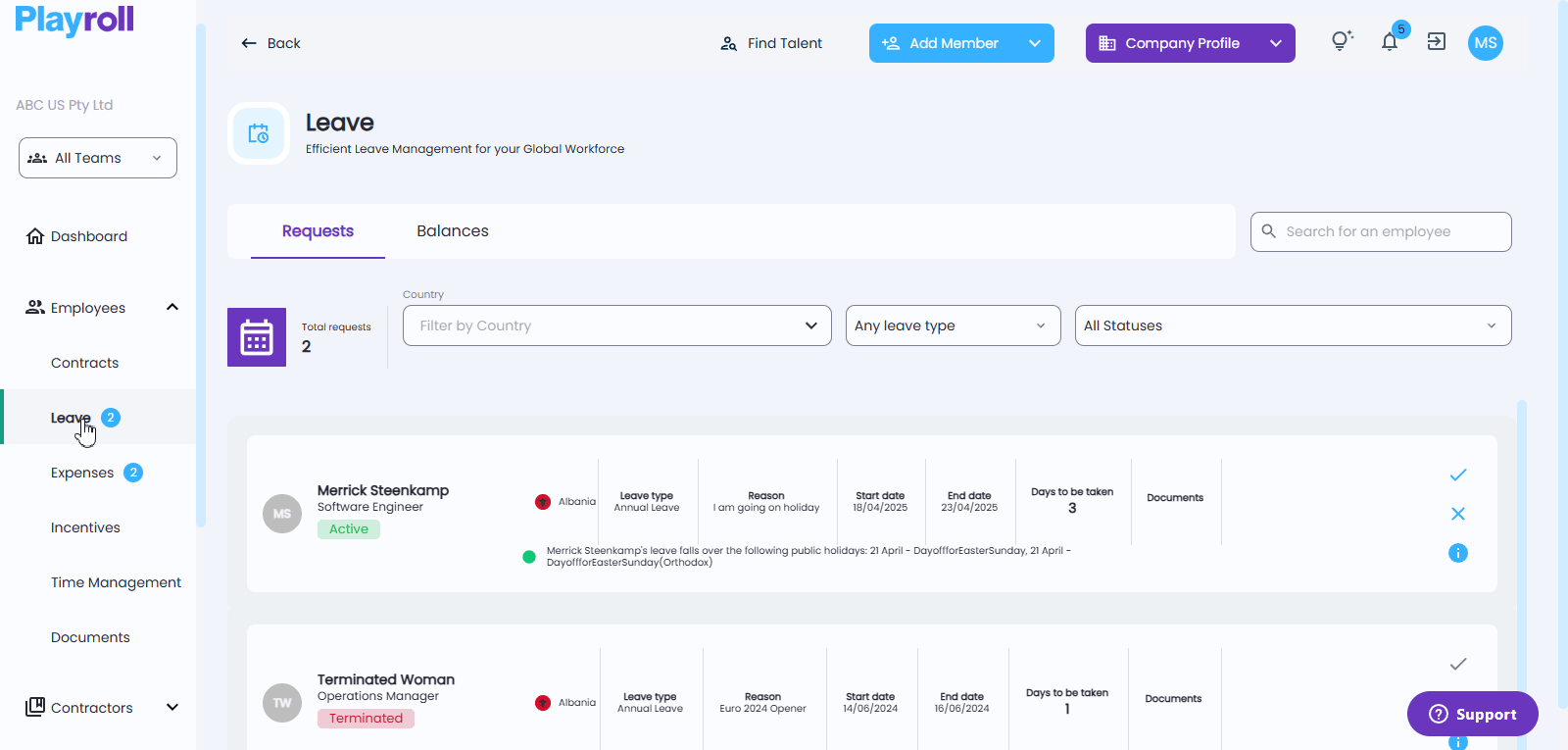 Information icon to view detailed leave request data