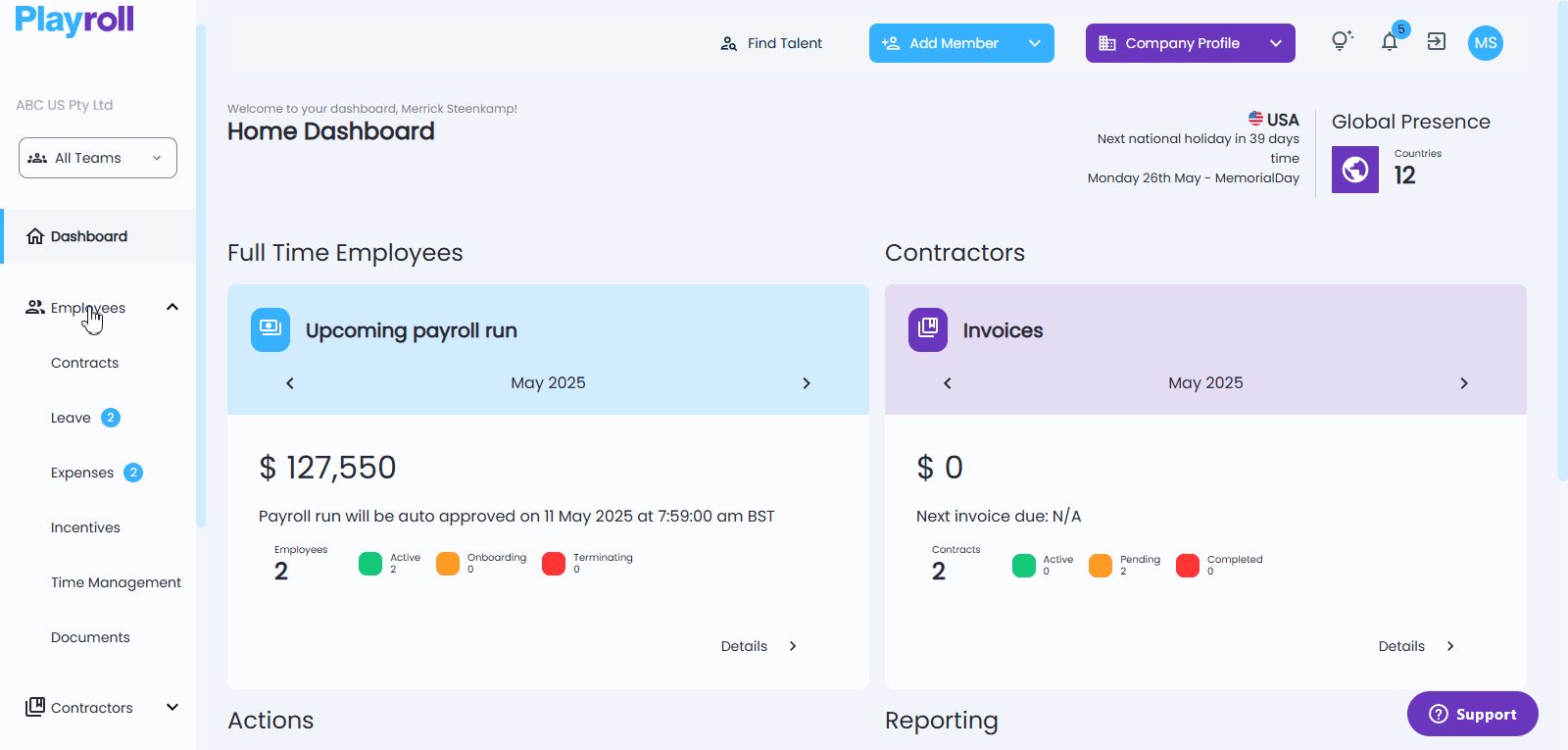 Leave section showing notification icon for pending leave requests