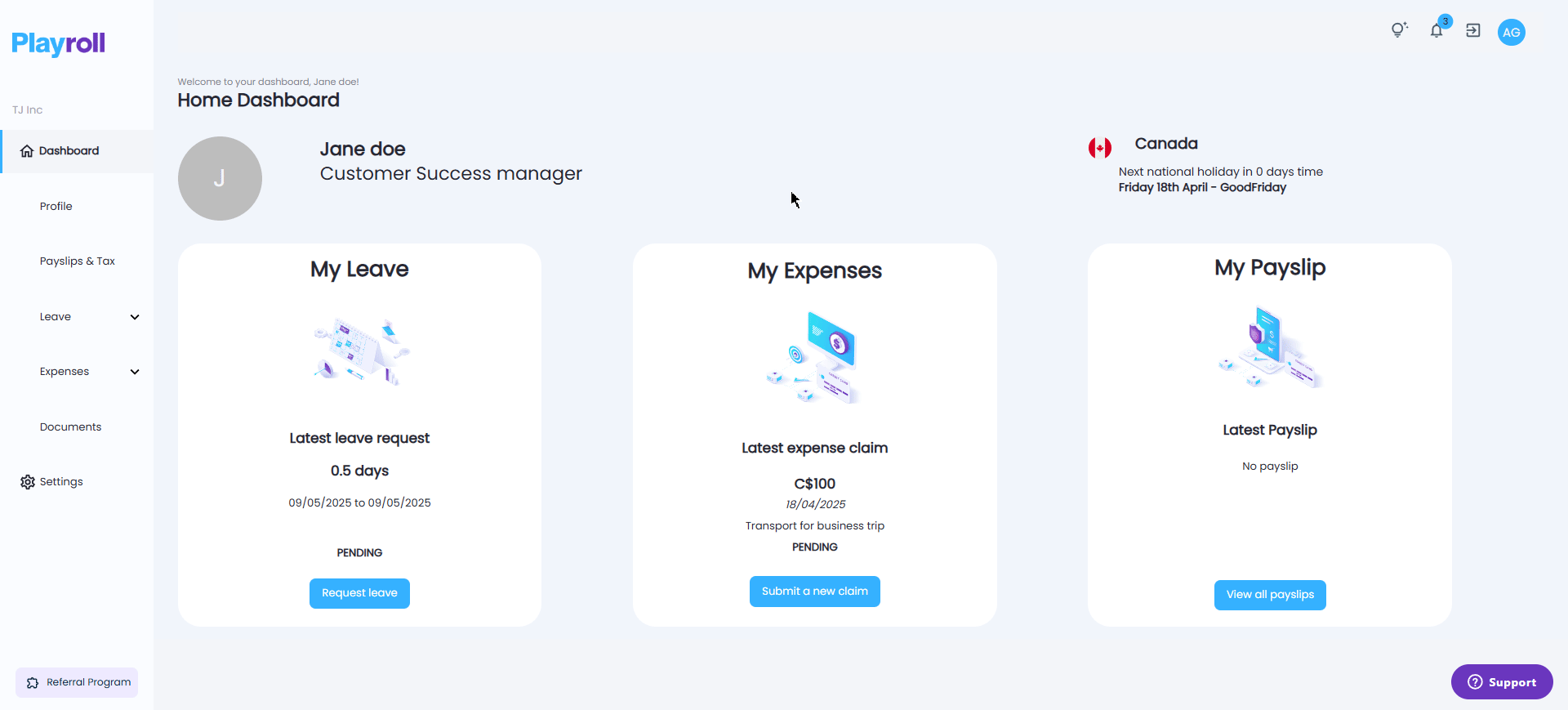 Expenses dropdown menu showing 'My Expenses' sub-category in Playroll's navigation panel