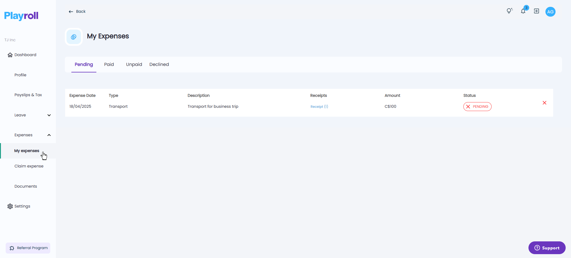 Expense summary screen showing the 'X' cancel button for an expense claim