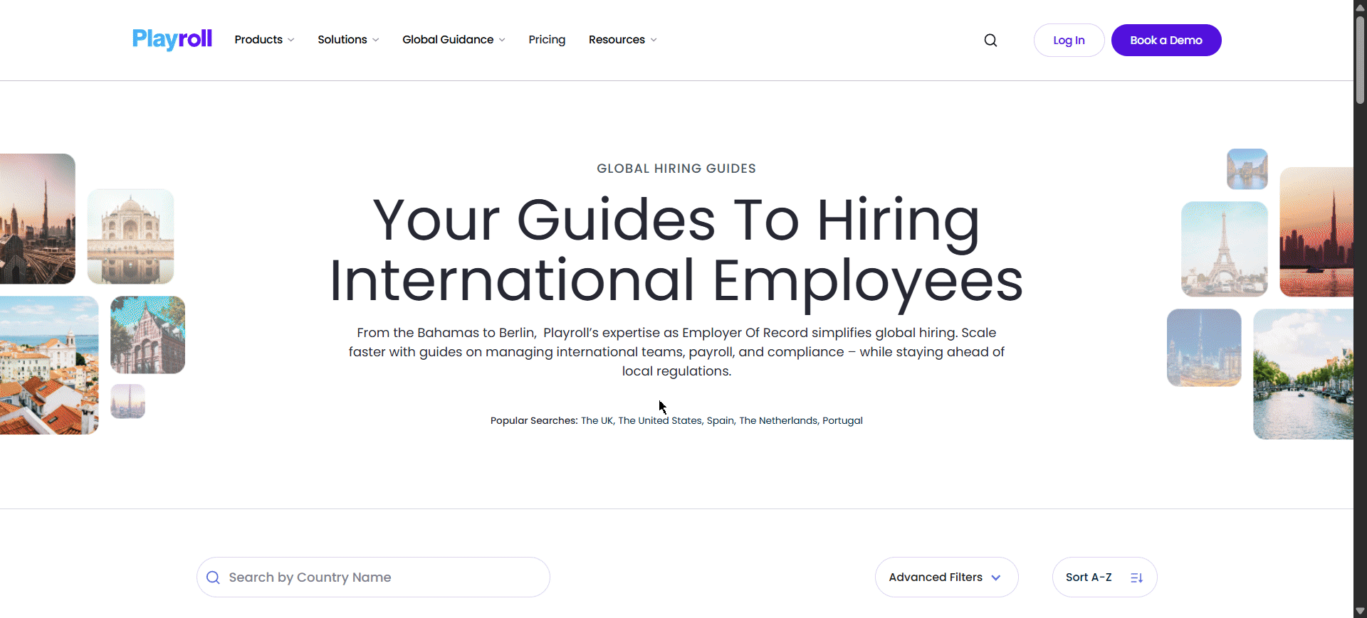 Multiple country hiring guides displayed on the Playroll platform