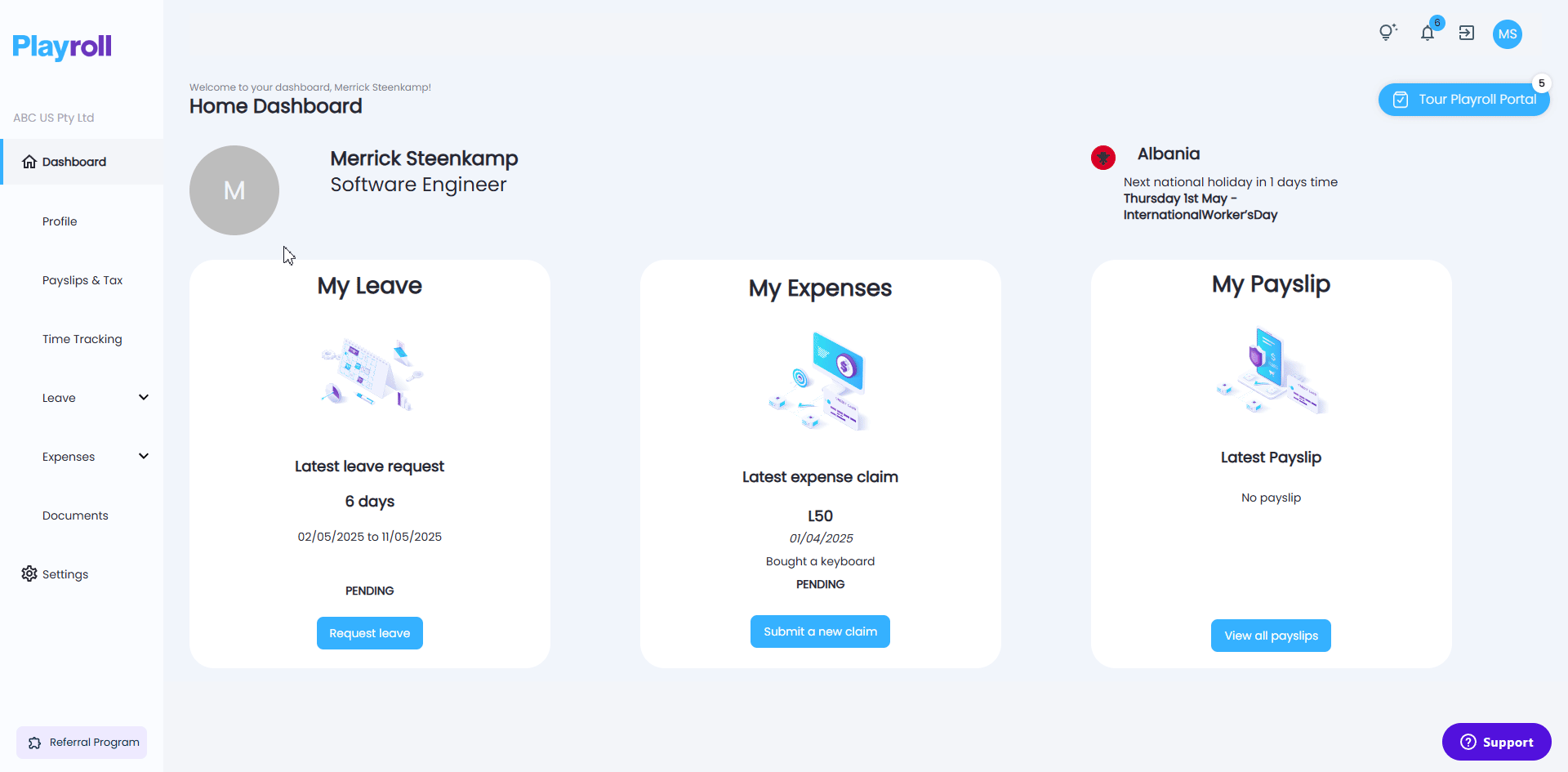 Dashboard view showing pending leave requests with a cancel icon