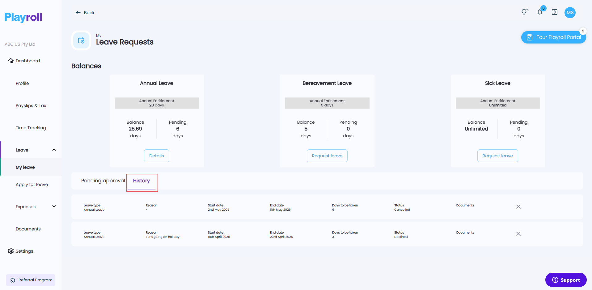 View of the History tab listing past and cancelled leave requests