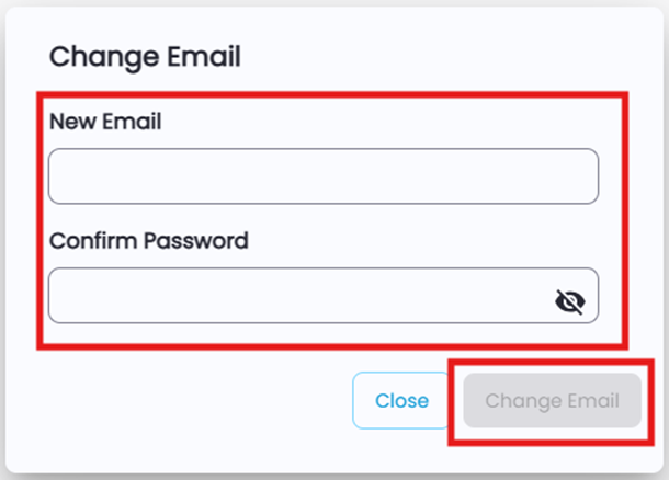 Form where employee enters new email and confirms password