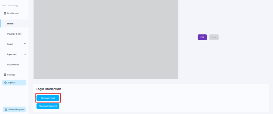 Change Email button at the bottom of the employee Profile page