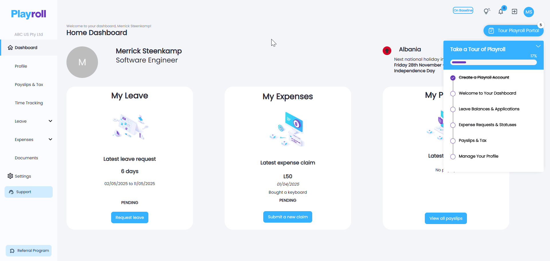 Employee dashboard view for email change process overview