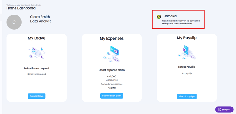 Screenshot of Playroll dashboard showing upcoming public holidays