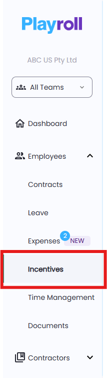 Incentives section displayed under the Employees tab in Playroll navigation
