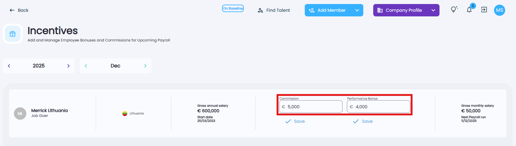 Fields for entering bonus or commission details for an employee in Playroll