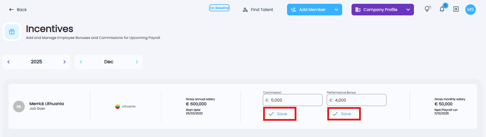 Save button confirmation screen for incentive entry in Playroll