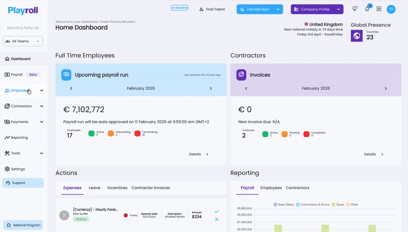 Payroll Manager view showing payroll cycles, employee payroll results, and their connection to invoice totals