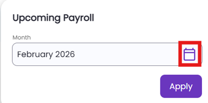 Calendar view used to select a different payroll period