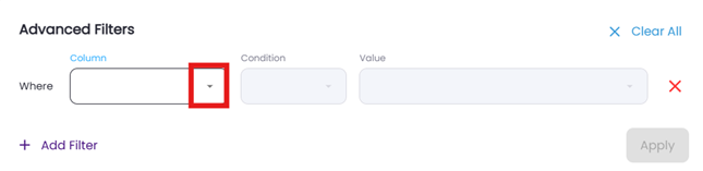 Column selection drop-down used to choose a filter type