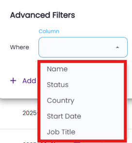 Filter selection menu showing available filter options