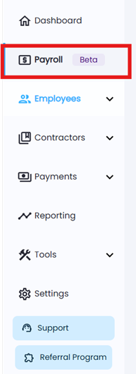 Left-hand navigation panel with the Payroll tab selected