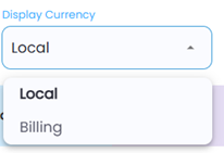 Currency selection menu with Local and Billing options
