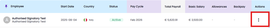 Employee row with three-dot action menu highlighted