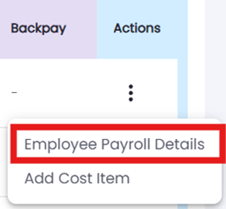 Employee options menu showing Employee Payroll Details