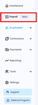 Left-hand navigation menu with the Payroll tab selected