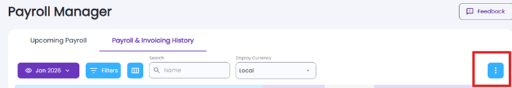 Three-dot menu in the Payroll Manager toolbar used to access report options