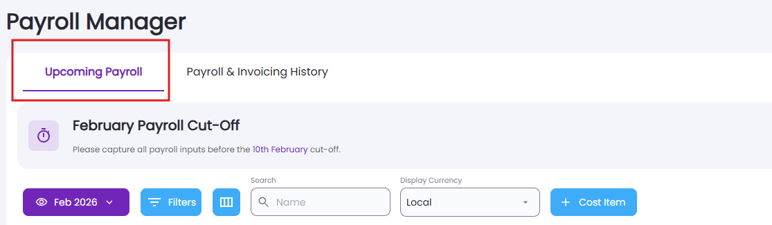 Upcoming Payroll view showing future payroll cycles, estimated totals, and payroll cut-off indicators