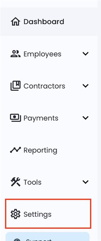Left-hand navigation menu with the Settings tab highlighted