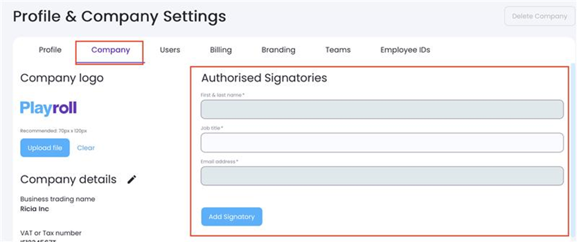 Company settings page showing the Authorised signatories section and the Add Signatory button