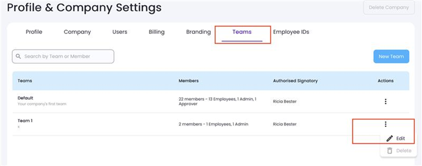 Teams list with the three-dot menu opened on a team and the Edit option visible