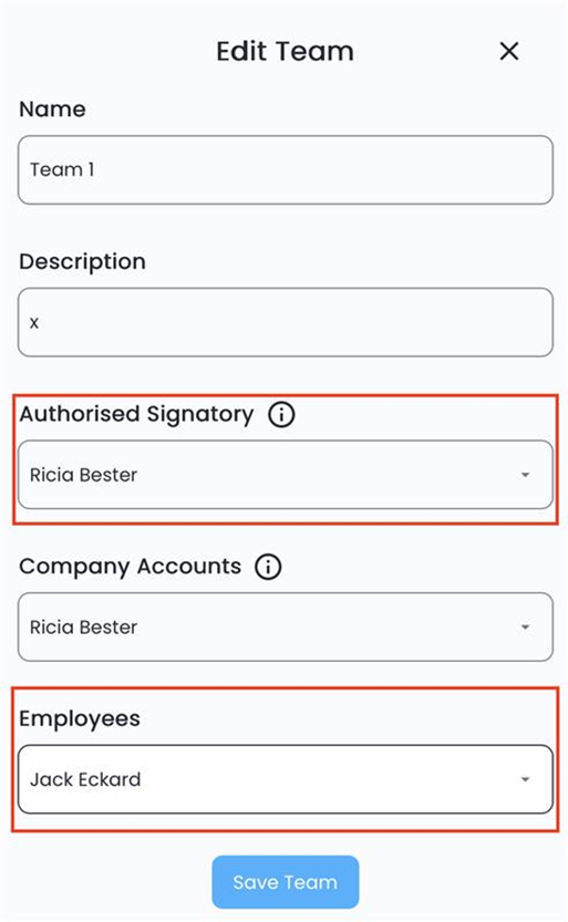 Edit Team screen showing drop-down fields for selecting authorised signatories and employees, with the Save Team button