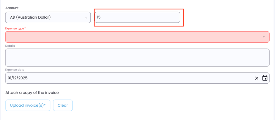Expense amount field with an entered value matching the invoice