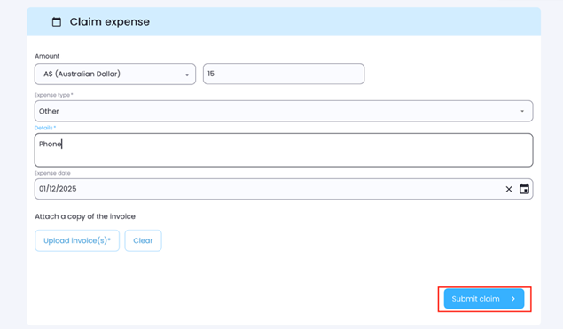 Submit Claim button on the expense submission screen