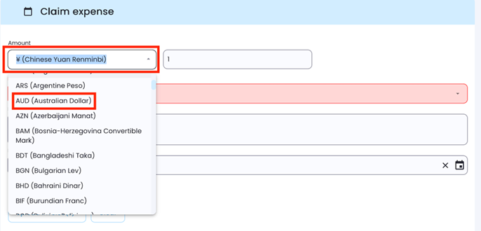 Expense claim form showing the currency selection dropdown