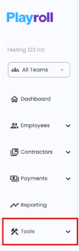 Left-hand navigation panel in Playroll with the Tools dropdown highlighted