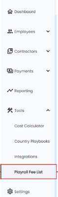 Tools dropdown in Playroll with the Playroll Fee List option highlighted