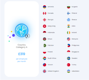 Playroll Fee List page showing monthly fees grouped by territory category with included countries